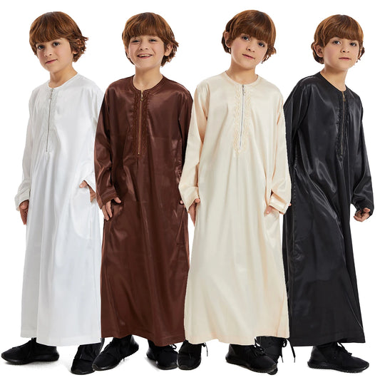 Muslim Children Abaya Ramadan Jubba Prayer Thobe Boys Long Dress Kids Caftan Islamic Robe O-Neck Gown for Kaftan Dubai Arab Robe