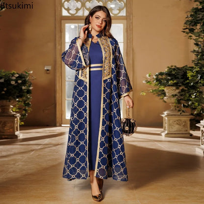 Muslim Dresses 2 Piece Sets for Women Moroccan Kaftan Embroidery Jalabiya Ramadan Dubai Open Abayas Islam Vestidos Cardigan Robe