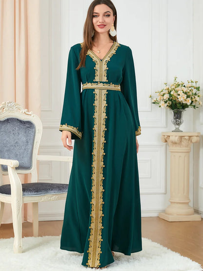 Muslim Women's Clothing, Solid Color Patchwork Basic Style, Loose Embroidery, Long Skirt, Dress, Long-Sleeved Dress