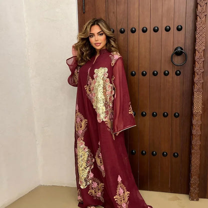 Kaftan Muslim Abaya Clothes for Muslim Women Summer Fashion Muslim Women Long Sleeve V-neck Sequin Long Maxi Dress Dubai Abaya