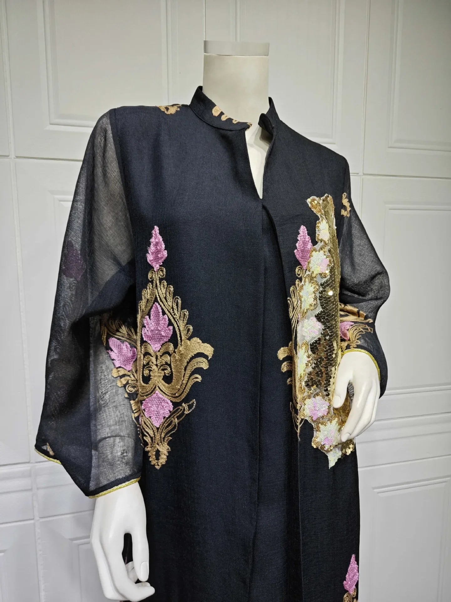Kaftan Muslim Abaya Clothes for Muslim Women Summer Fashion Muslim Women Long Sleeve V-neck Sequin Long Maxi Dress Dubai Abaya