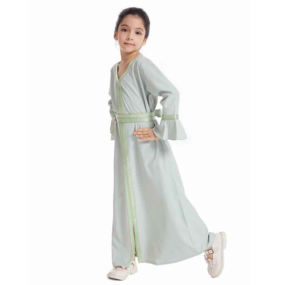 Muslim Kids Girls Maxi Dress Ramadan Eid Djellaba Dubai Abaya Turkey Kaftan Islamic Clothing Arabic Robe Children Prayer Gown