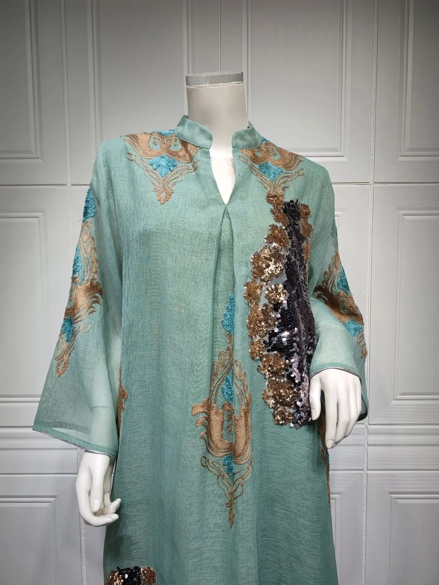 Kaftan Muslim Abaya Clothes for Muslim Women Summer Fashion Muslim Women Long Sleeve V-neck Sequin Long Maxi Dress Dubai Abaya