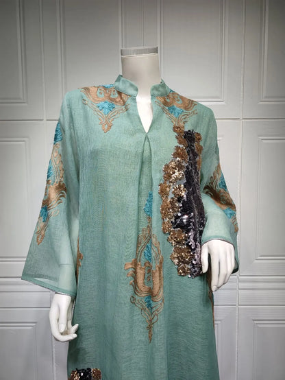 Kaftan Muslim Abaya Clothes for Muslim Women Summer Fashion Muslim Women Long Sleeve V-neck Sequin Long Maxi Dress Dubai Abaya