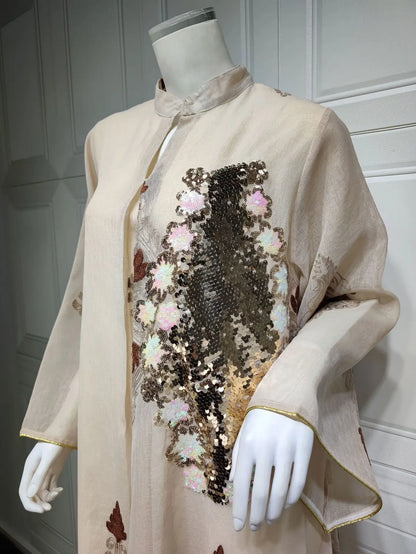 Kaftan Muslim Abaya Clothes for Muslim Women Summer Fashion Muslim Women Long Sleeve V-neck Sequin Long Maxi Dress Dubai Abaya