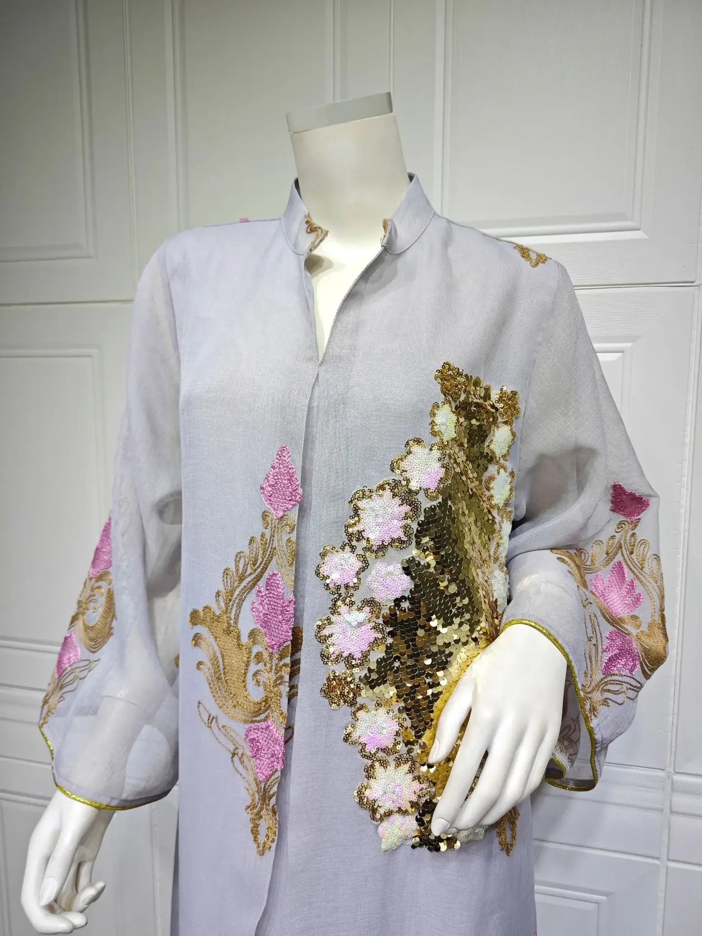 Kaftan Muslim Abaya Clothes for Muslim Women Summer Fashion Muslim Women Long Sleeve V-neck Sequin Long Maxi Dress Dubai Abaya