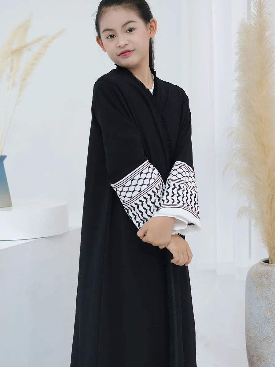 Muslim Kids girls Luxury Dubai Abaya Kimono Cardigan Embroidery tassels Long Dress Ramadan Robe Kaftan Femme Islam Clothing