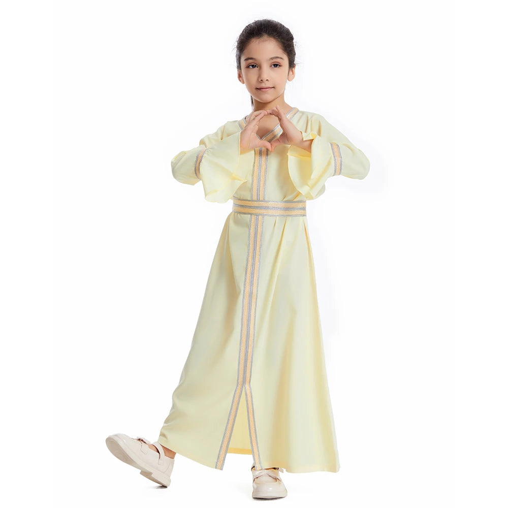 Muslim Kids Girls Maxi Dress Ramadan Eid Djellaba Dubai Abaya Turkey Kaftan Islamic Clothing Arabic Robe Children Prayer Gown