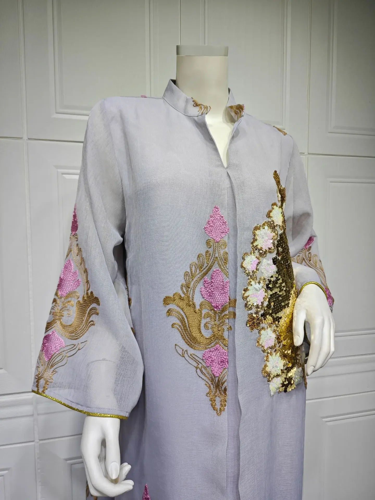 Kaftan Muslim Abaya Clothes for Muslim Women Summer Fashion Muslim Women Long Sleeve V-neck Sequin Long Maxi Dress Dubai Abaya