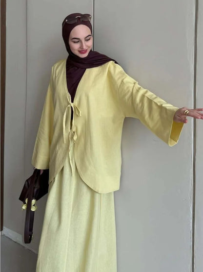 Muslim Two Piece Set Women Lace-up Shirt Skirt Suits Ramadan Morocco Dubai Long Skirts Islam Outfits Jalabiya Musulman Ensemble