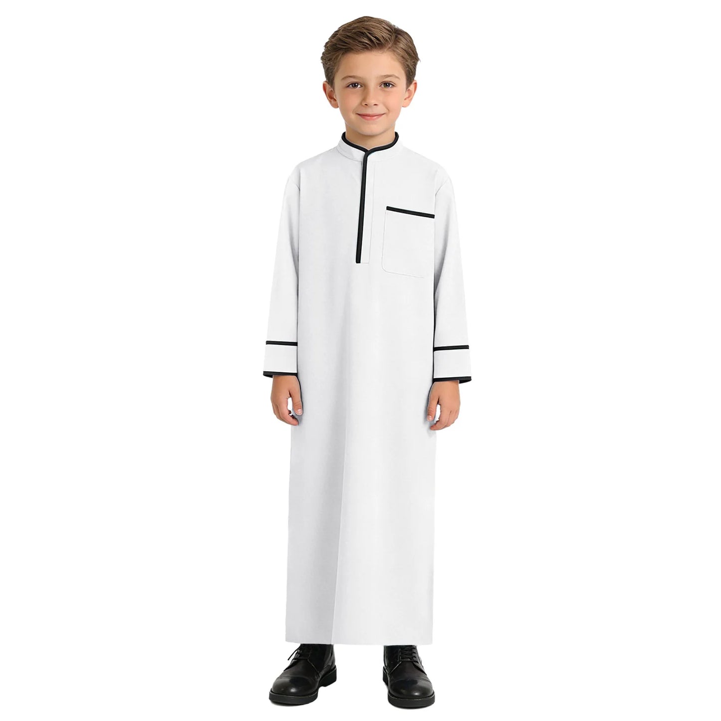Kids Boys Muslim Thobe Arabic Middle East Loose Kaftan Long Sleeve Stand Collar Pocket Maxi Robe Casual Muslim Child Clothes