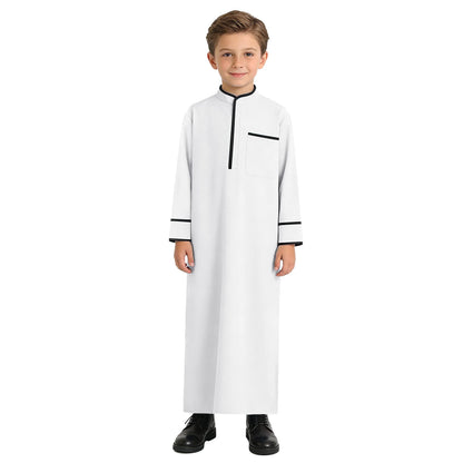 Kids Boys Muslim Thobe Arabic Middle East Loose Kaftan Long Sleeve Stand Collar Pocket Maxi Robe Casual Muslim Child Clothes
