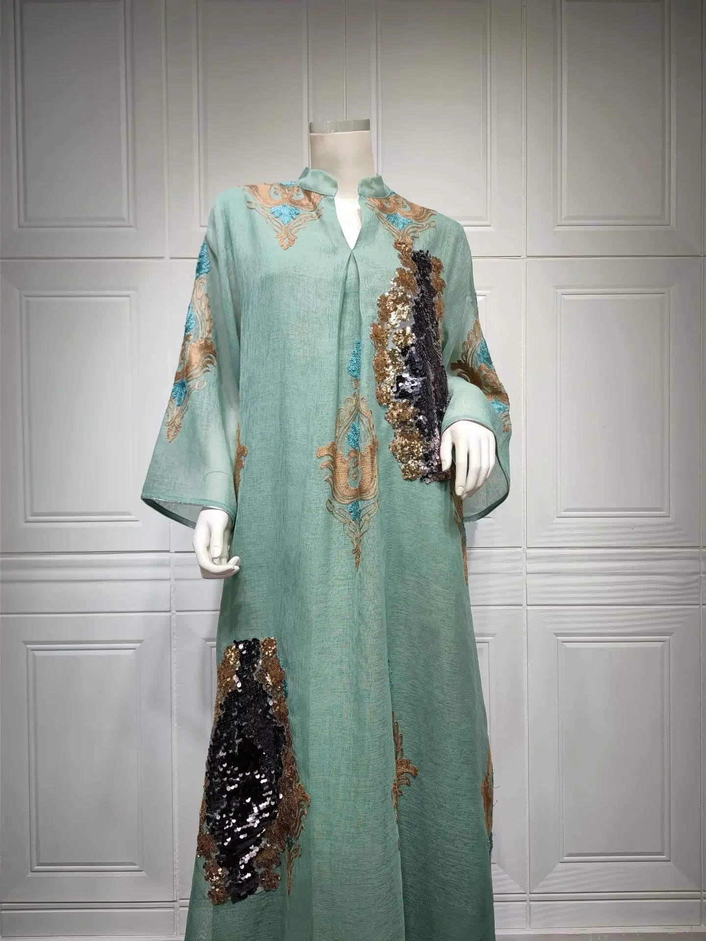 Kaftan Muslim Abaya Clothes for Muslim Women Summer Fashion Muslim Women Long Sleeve V-neck Sequin Long Maxi Dress Dubai Abaya