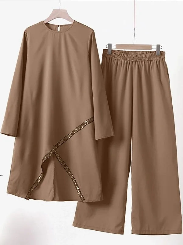 Muslim Two-Piece Set for Women, Long Sleeved Shirt, O-Neck Shirt, Wide Leg Pants, Casual, Luxury, Spring and Autumn