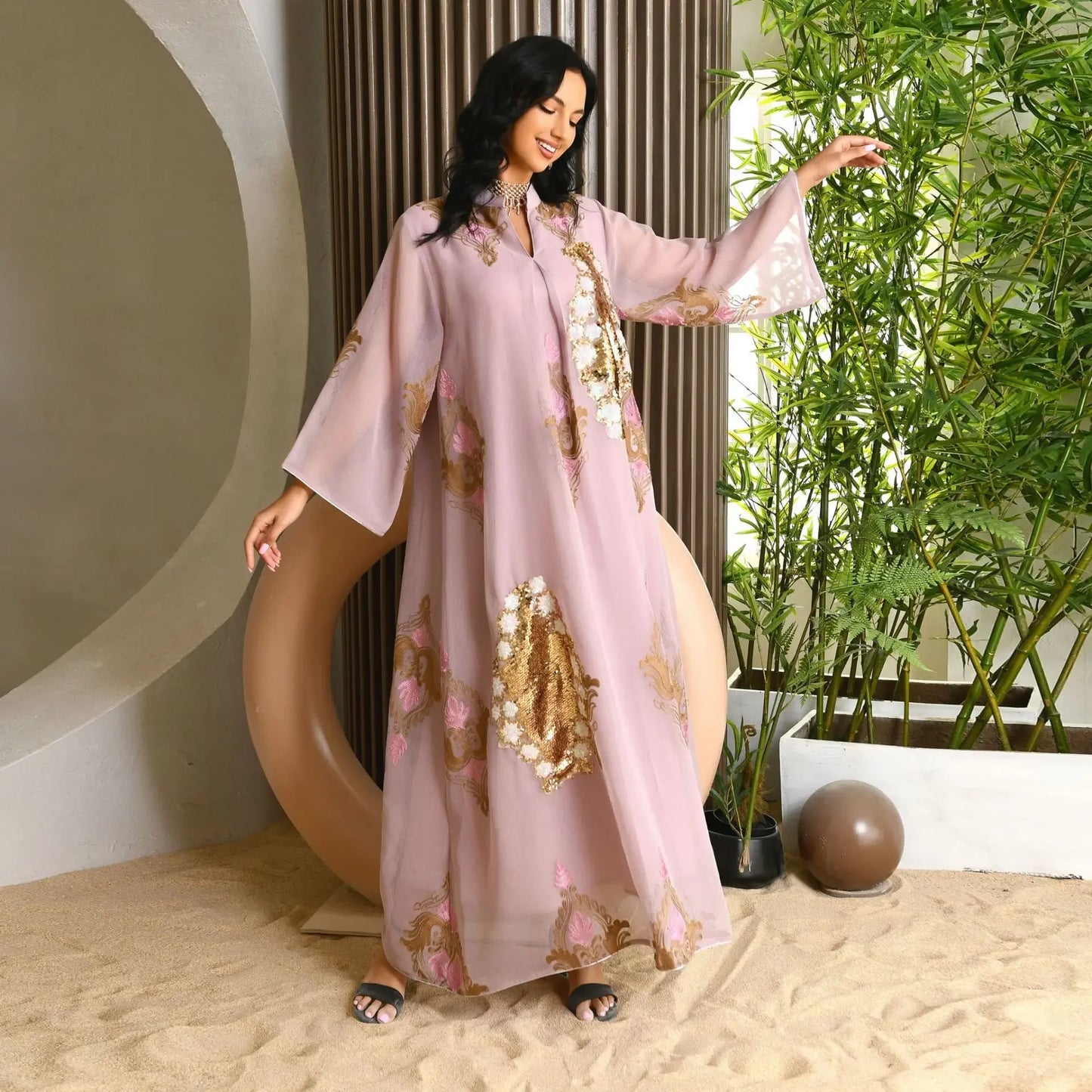 Kaftan Muslim Abaya Clothes for Muslim Women Summer Fashion Muslim Women Long Sleeve V-neck Sequin Long Maxi Dress Dubai Abaya