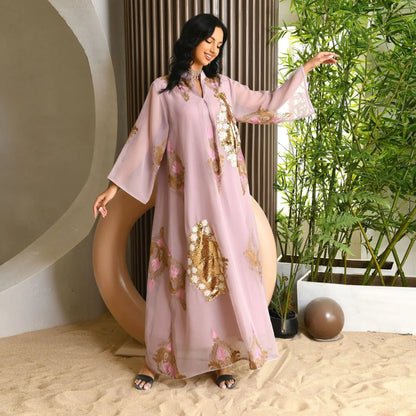 Kaftan Muslim Abaya Clothes for Muslim Women Summer Fashion Muslim Women Long Sleeve V-neck Sequin Long Maxi Dress Dubai Abaya