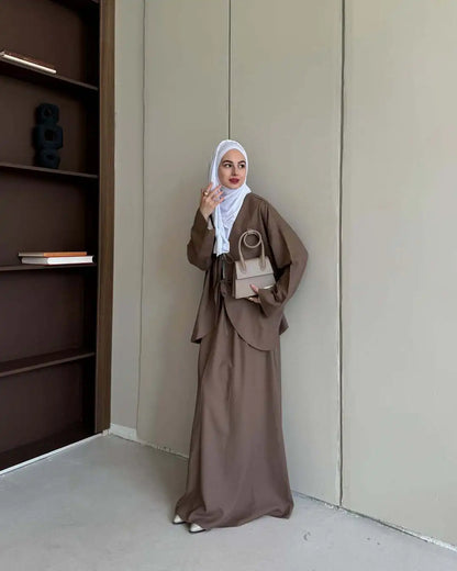 Muslim Two Piece Set Women Lace-up Shirt Skirt Suits Ramadan Morocco Dubai Long Skirts Islam Outfits Jalabiya Musulman Ensemble