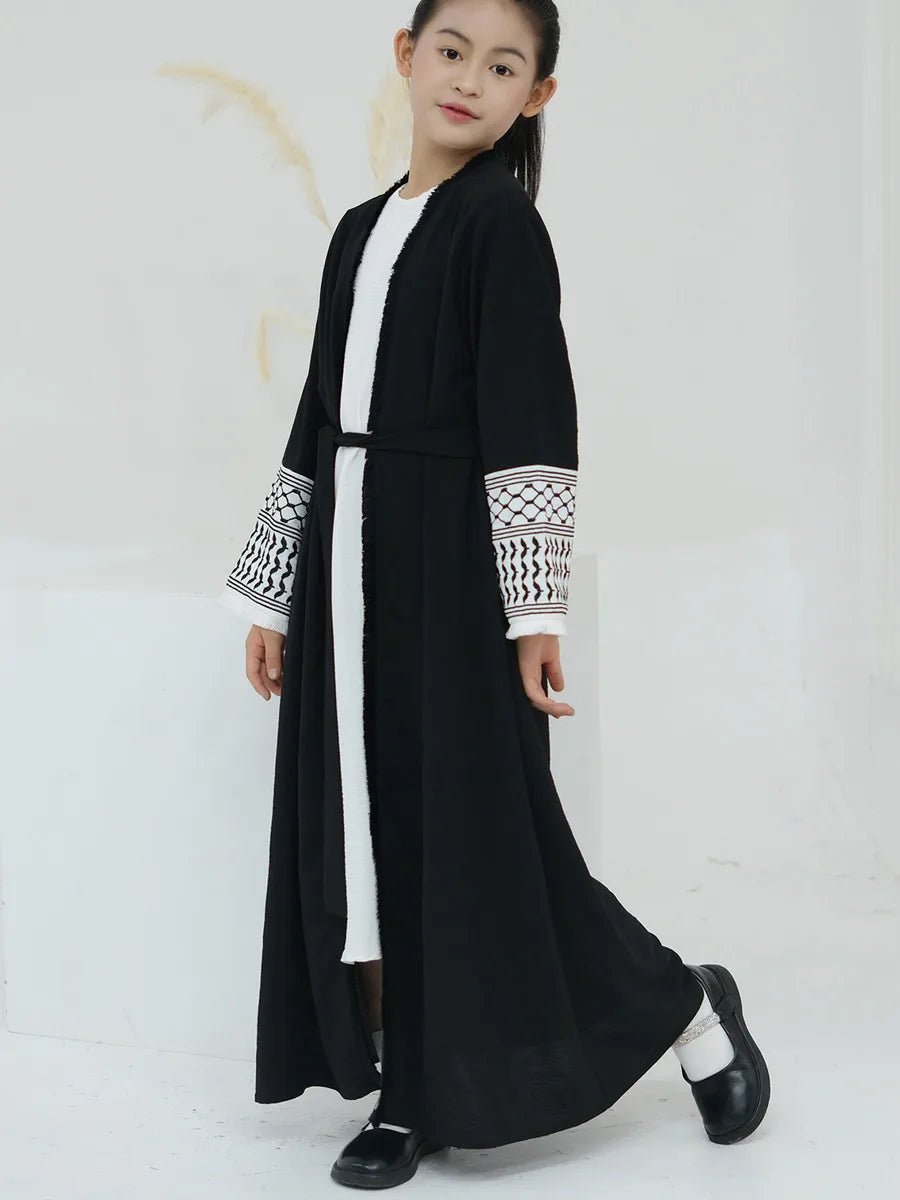 Muslim Kids girls Luxury Dubai Abaya Kimono Cardigan Embroidery tassels Long Dress Ramadan Robe Kaftan Femme Islam Clothing