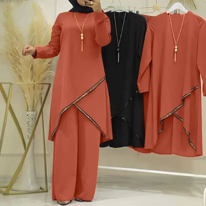 Muslim Two-Piece Set for Women, Long Sleeved Shirt, O-Neck Shirt, Wide Leg Pants, Casual, Luxury, Spring and Autumn