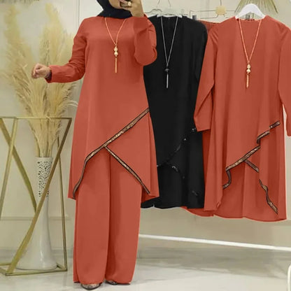 Muslim Two-Piece Set for Women, Long Sleeved Shirt, O-Neck Shirt, Wide Leg Pants, Casual, Luxury, Spring and Autumn