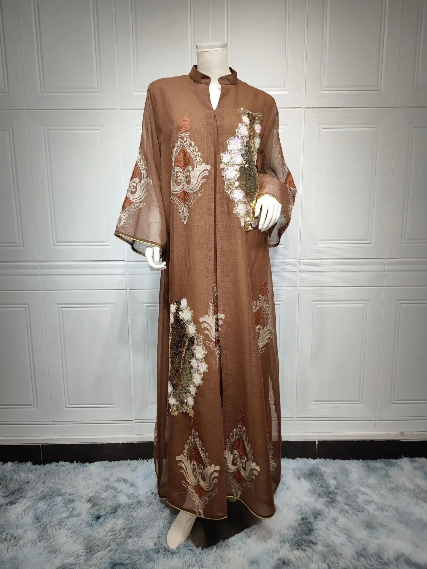 Kaftan Muslim Abaya Clothes for Muslim Women Summer Fashion Muslim Women Long Sleeve V-neck Sequin Long Maxi Dress Dubai Abaya
