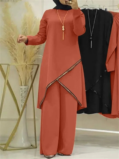 Muslim Two-Piece Set for Women, Long Sleeved Shirt, O-Neck Shirt, Wide Leg Pants, Casual, Luxury, Spring and Autumn
