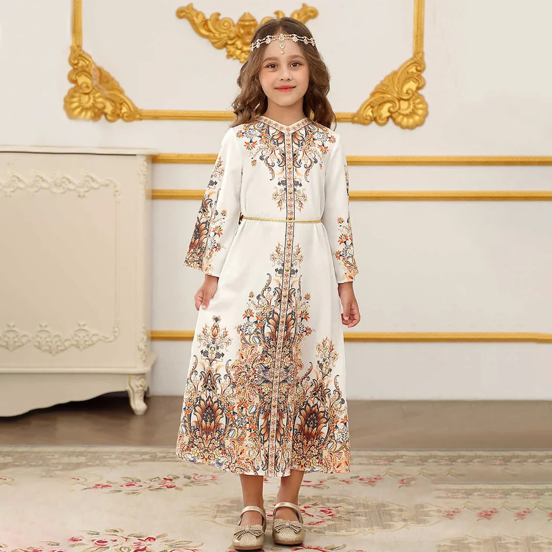 Muslim Kids Girls Festive Embroidery White Dress For Children Communion Ramadan Skirt Eid Prayer Garment Abaya Robe Kaftan Gown