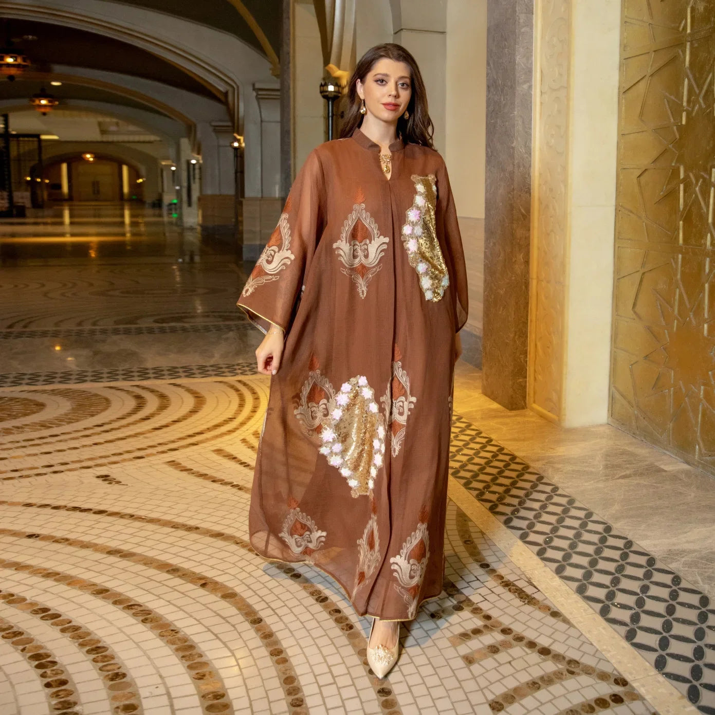 Kaftan Muslim Abaya Clothes for Muslim Women Summer Fashion Muslim Women Long Sleeve V-neck Sequin Long Maxi Dress Dubai Abaya