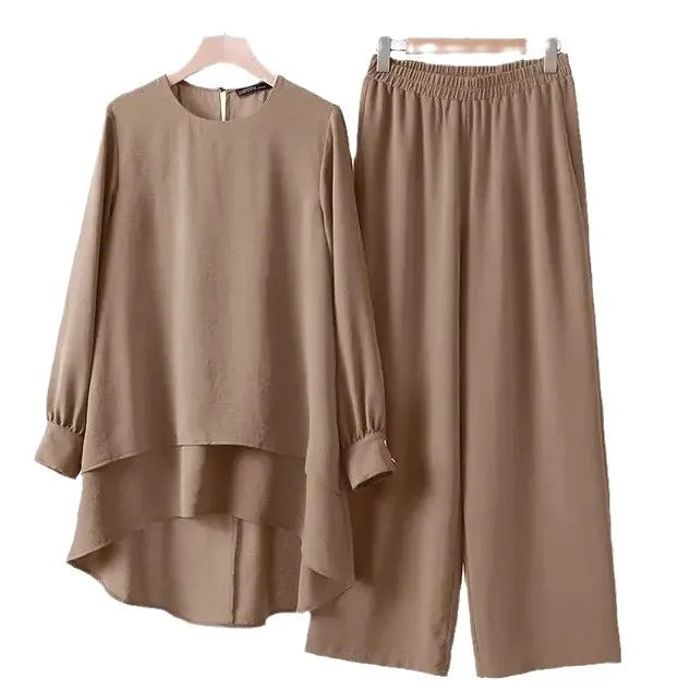 Women Muslim 2 Piece Set Blouse Double Top Wide Leg Pants Suit Morocco Ramadan Casual Ensemble Dubai Arab Trousers Outfits