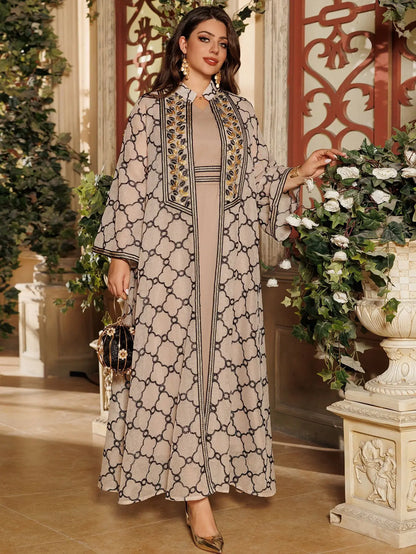 Muslim Dresses 2 Piece Sets for Women Moroccan Kaftan Embroidery Jalabiya Ramadan Dubai Open Abayas Islam Vestidos Cardigan Robe