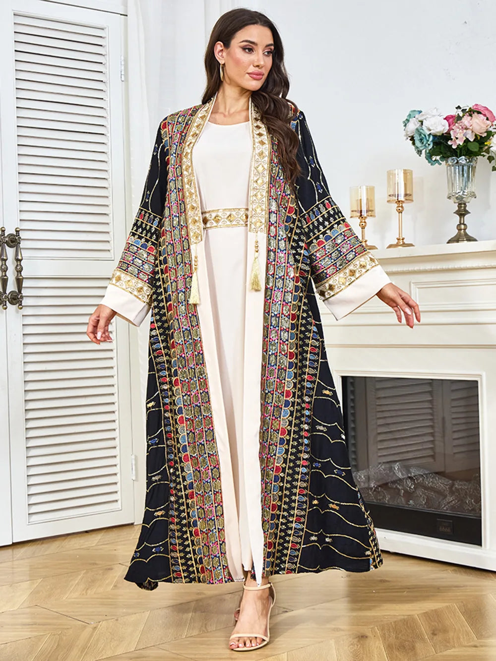 Muslim Two Piece Sets Women Clothing Prom Dresses Fashion Colorful Embroidery Abaya Turkish Kaftan Robe Women Prayer Dress Sets