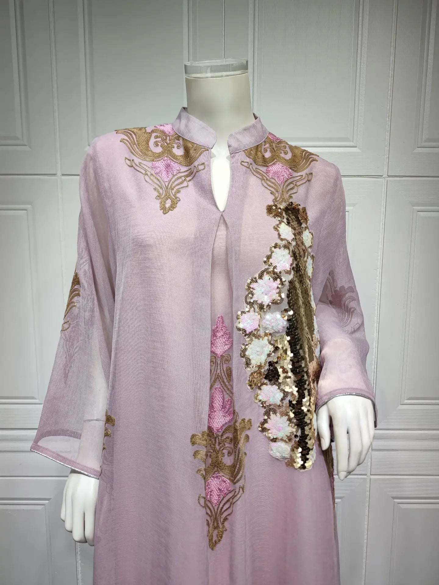 Kaftan Muslim Abaya Clothes for Muslim Women Summer Fashion Muslim Women Long Sleeve V-neck Sequin Long Maxi Dress Dubai Abaya