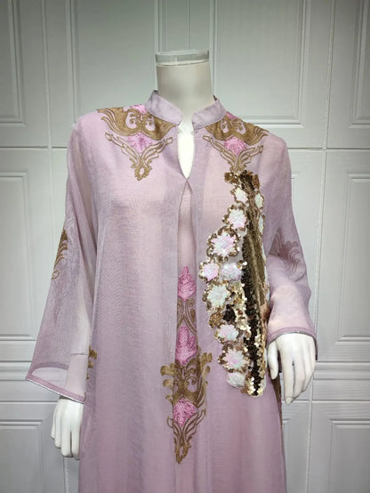 Kaftan Muslim Abaya Clothes for Muslim Women Summer Fashion Muslim Women Long Sleeve V-neck Sequin Long Maxi Dress Dubai Abaya