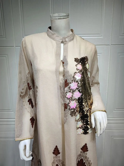 Kaftan Muslim Abaya Clothes for Muslim Women Summer Fashion Muslim Women Long Sleeve V-neck Sequin Long Maxi Dress Dubai Abaya