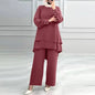 Women Muslim 2 Piece Set Blouse Double Top Wide Leg Pants Suit Morocco Ramadan Casual Ensemble Dubai Arab Trousers Outfits