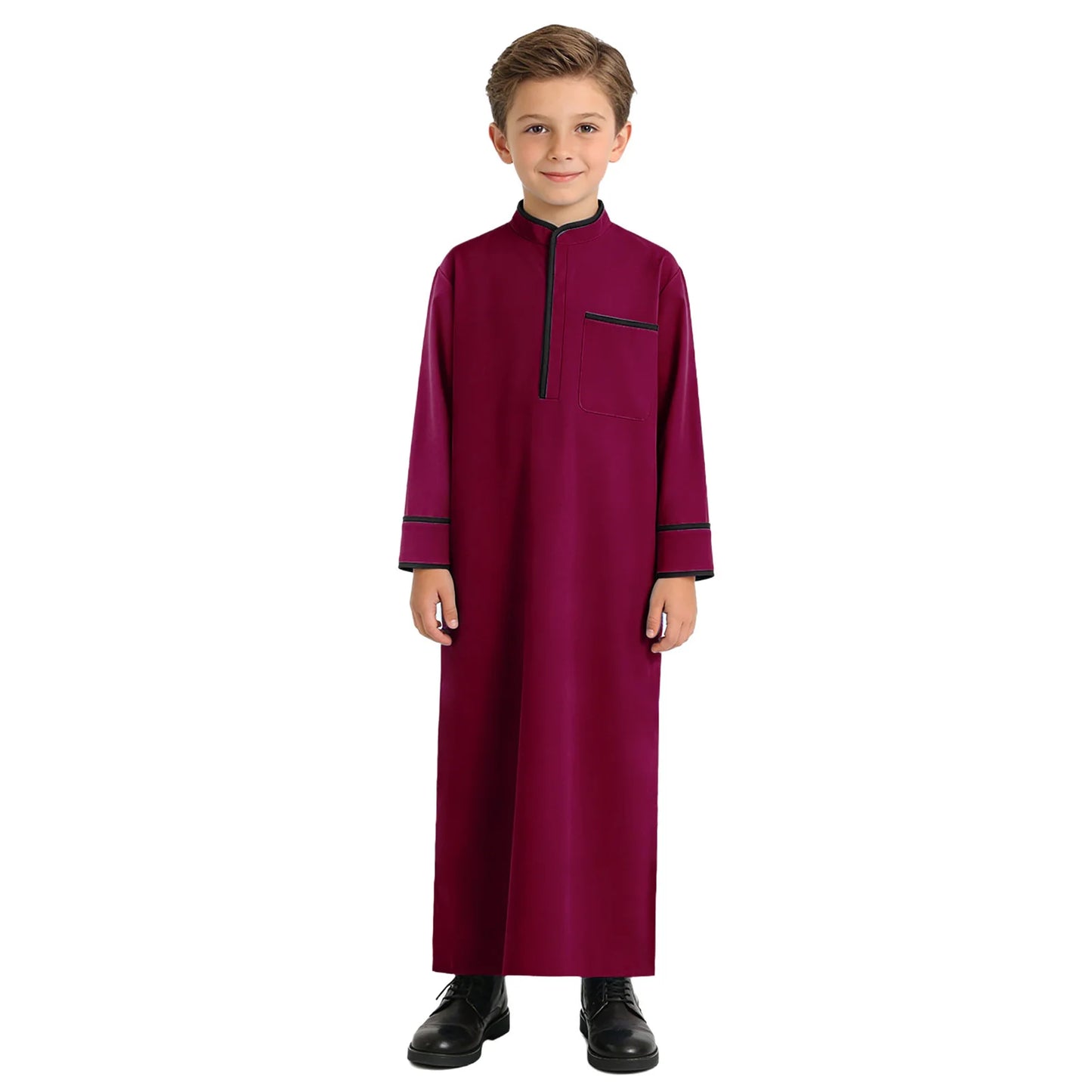 Kids Boys Muslim Thobe Arabic Middle East Loose Kaftan Long Sleeve Stand Collar Pocket Maxi Robe Casual Muslim Child Clothes