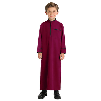 Kids Boys Muslim Thobe Arabic Middle East Loose Kaftan Long Sleeve Stand Collar Pocket Maxi Robe Casual Muslim Child Clothes