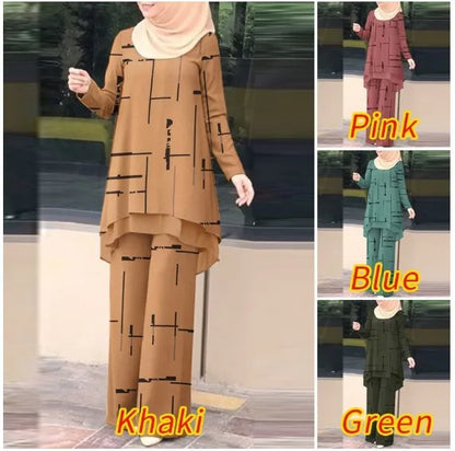 Muslim Women 2 Piece Set Blouse Wide Leg Pants Suit Print Top Trousers Ensemble Ramadan Morocco Dubai Islam Eid Outfits 2026