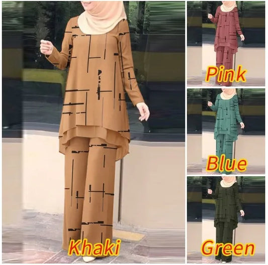 Muslim Women 2 Piece Set Blouse Wide Leg Pants Suit Print Top Trousers Ensemble Ramadan Morocco Dubai Islam Eid Outfits 2026