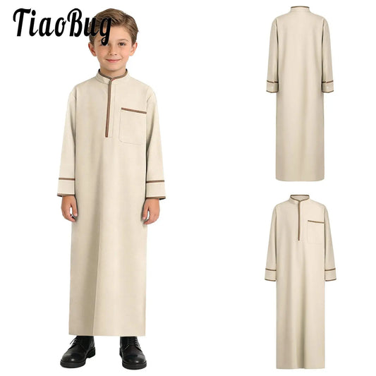 Kids Boys Muslim Thobe Arabic Middle East Loose Kaftan Long Sleeve Stand Collar Pocket Maxi Robe Casual Muslim Child Clothes
