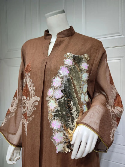 Kaftan Muslim Abaya Clothes for Muslim Women Summer Fashion Muslim Women Long Sleeve V-neck Sequin Long Maxi Dress Dubai Abaya