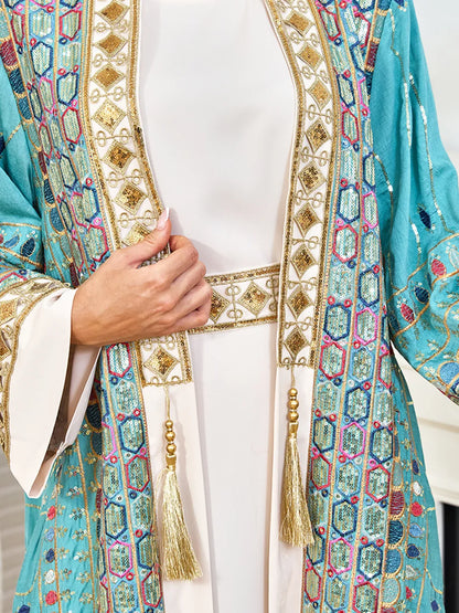 Muslim Two Piece Sets Women Clothing Prom Dresses Fashion Colorful Embroidery Abaya Turkish Kaftan Robe Women Prayer Dress Sets