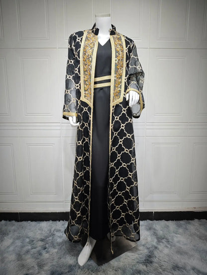 Muslim Dresses 2 Piece Sets for Women Moroccan Kaftan Embroidery Jalabiya Ramadan Dubai Open Abayas Islam Vestidos Cardigan Robe