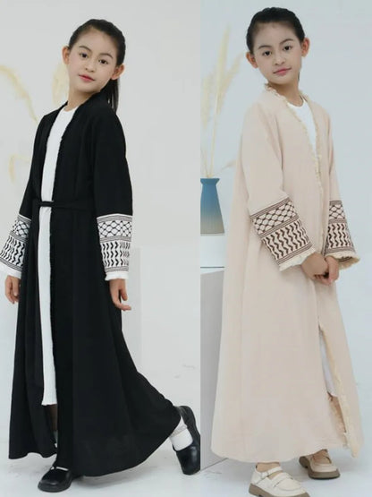 Muslim Kids girls Luxury Dubai Abaya Kimono Cardigan Embroidery tassels Long Dress Ramadan Robe Kaftan Femme Islam Clothing