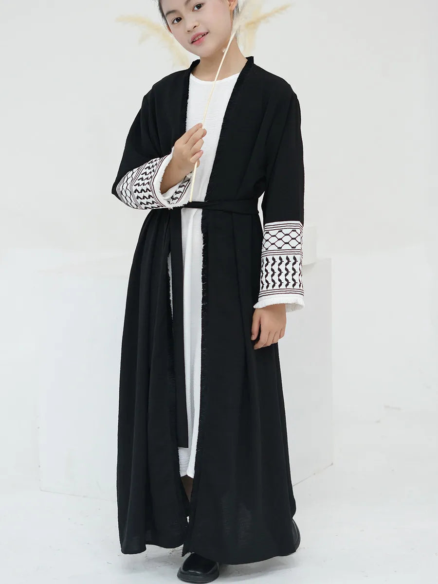 Muslim Kids girls Luxury Dubai Abaya Kimono Cardigan Embroidery tassels Long Dress Ramadan Robe Kaftan Femme Islam Clothing