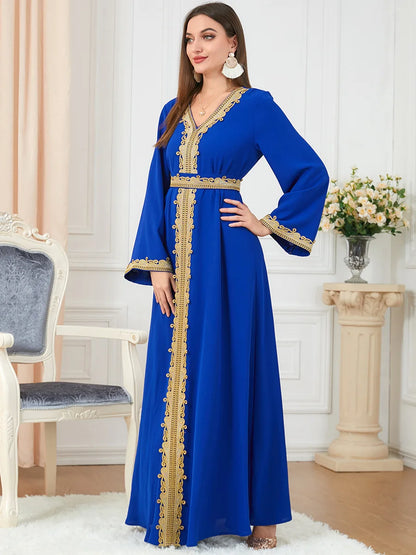 Muslim Women's Clothing, Solid Color Patchwork Basic Style, Loose Embroidery, Long Skirt, Dress, Long-Sleeved Dress