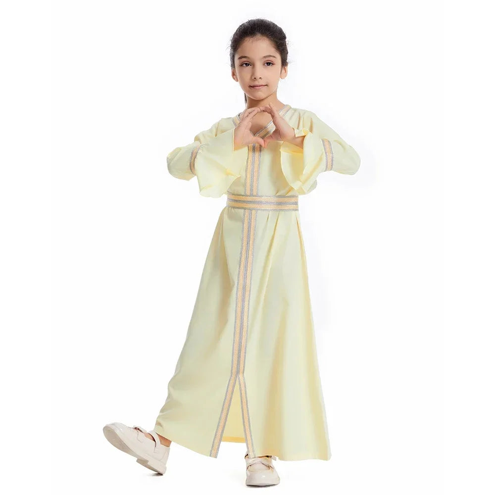 Muslim Kids Girls Maxi Dress Ramadan Eid Djellaba Dubai Abaya Turkey Kaftan Islamic Clothing Arabic Robe Children Prayer Gown