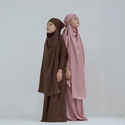 Eid Ramadan Muslim Kids Girls Hijab Dress Hooded Khimar Skirt Abaya Prayer Garment Islamic Clothing Full Cover Burqa Niqab 2PCS