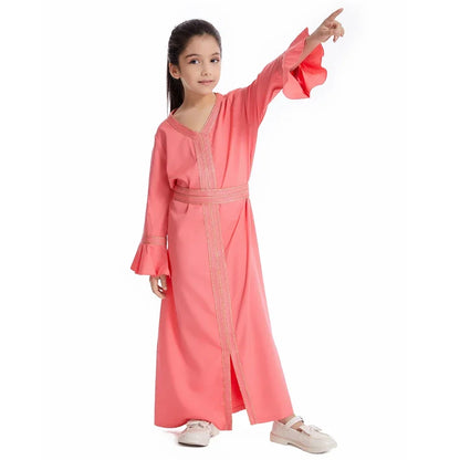 Muslim Kids Girls Maxi Dress Ramadan Eid Djellaba Dubai Abaya Turkey Kaftan Islamic Clothing Arabic Robe Children Prayer Gown