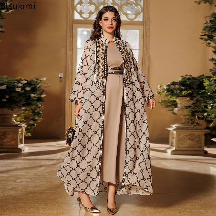 Muslim Dresses 2 Piece Sets for Women Moroccan Kaftan Embroidery Jalabiya Ramadan Dubai Open Abayas Islam Vestidos Cardigan Robe